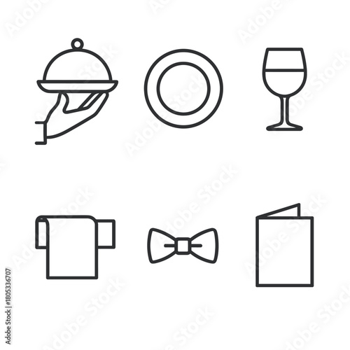 Restaurant icons: serving dish, plate, wine glass, napkin, bow tie, menu