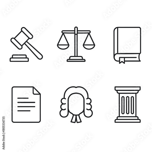 Line icons of legal symbols: gavel, scales, law book, document, wig, column