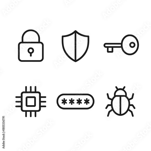Cybersecurity symbols: lock shield key chip password bug icons