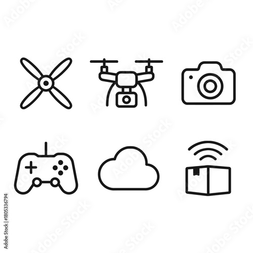 Drone and technology icons: drone, camera, controller, cloud, package