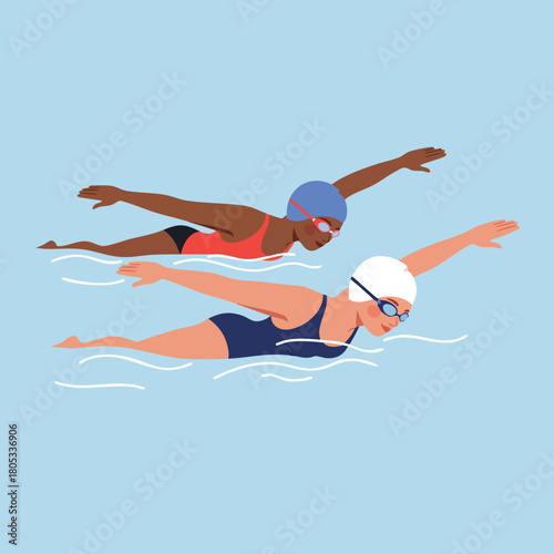 Competitive swimmers racing freestyle stroke in pool with swim caps and goggles vector illustration 