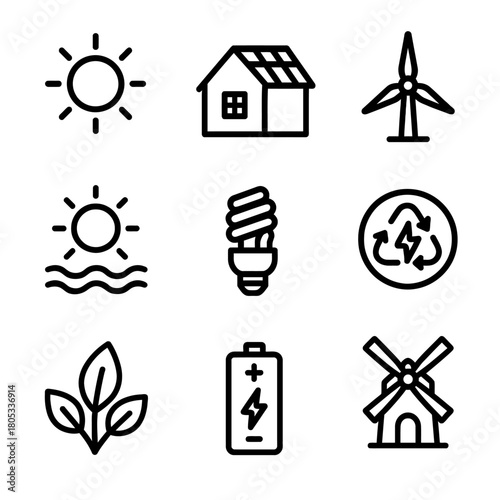 Sustainable energy icons: wind, solar, recycling, and eco symbols
