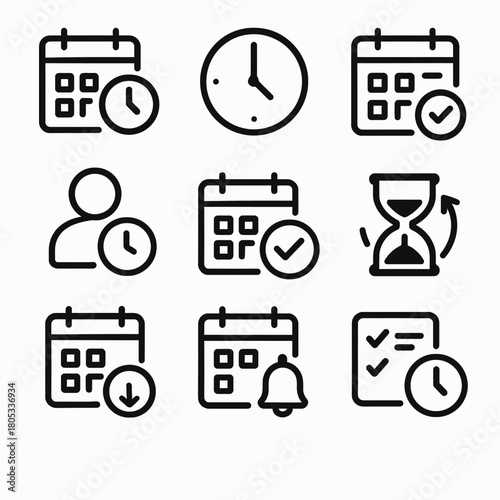 Time management icons set featuring clocks, calendars, and reminders in simple black outline design