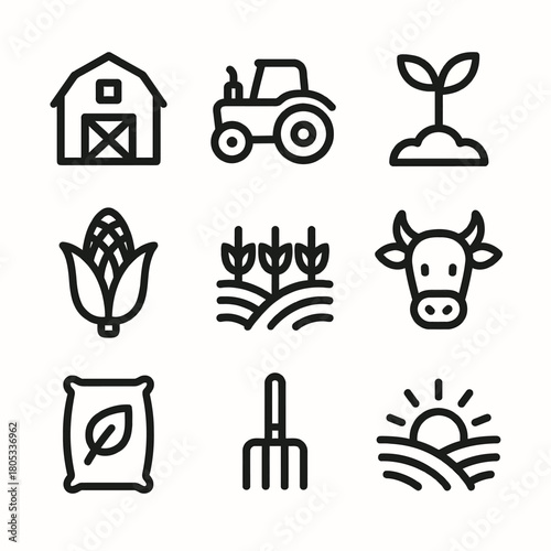 Farming icon set featuring barn tractor plant cornfield cow pitchfork and sunrise