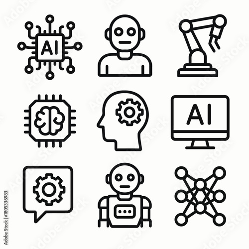 Artificial intelligence icons: ai, robotics, machine learning, neural networks