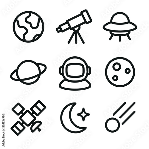 Space exploration icons featuring telescope, ufo, planet, moon, astronaut helmet, satellite, comet, stars