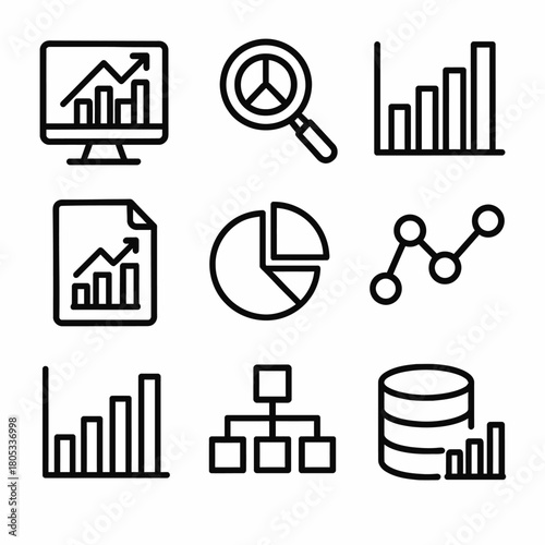 Data analysis icons: charts, graphs, and analytical tools collection