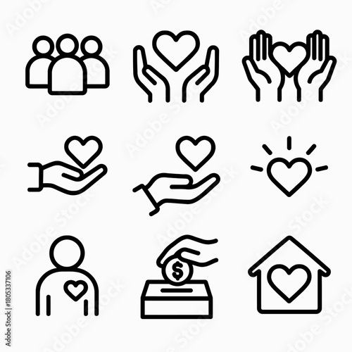 Set of charity and compassion icons with heart motifs