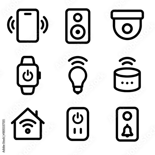 Smart home devices icons set featuring gadgets and appliances