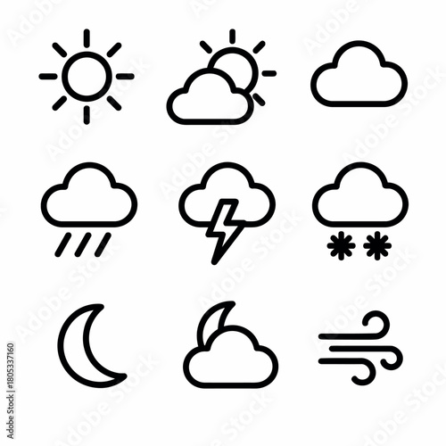 Weather icons set featuring sun, clouds, rain, thunder, snow, moon, wind