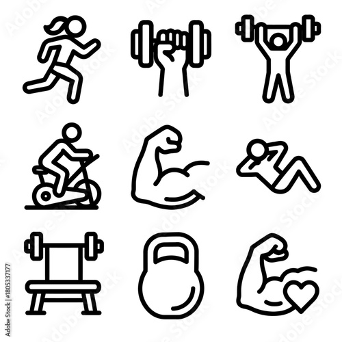 Fitness icons: exercise, weightlifting, cycling, stretching, and strength illustrations