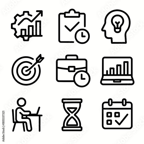 Business productivity icons: charts, targets, and time management tools