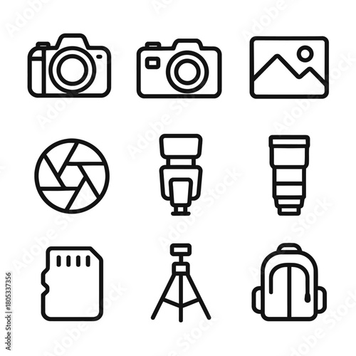 Photography equipment icons: camera, lens, flash, tripod, memory card, backpack
