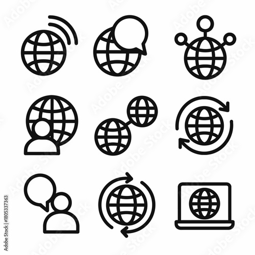 Global communication icons set featuring networking and connectivity symbols