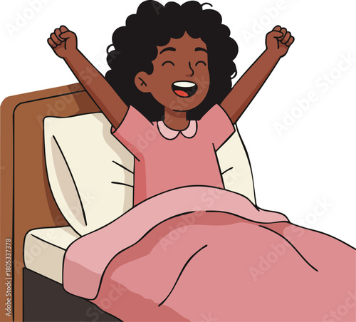 Girl Stretching in Bed Waking Up Feeling Refreshed and Happy Morning Routine Illustration 