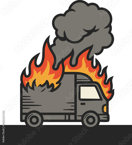 Delivery truck on fire with thick black smoke illustration showing vehicle emergency danger situation 