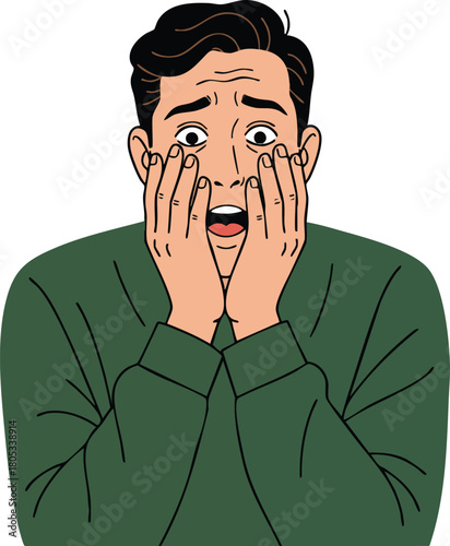 Man with shocked facial expression holding face in hands wearing green sweater vector illustration 