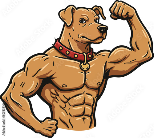 Muscular dog flexing biceps showing strong physique in confident pose vector illustration 