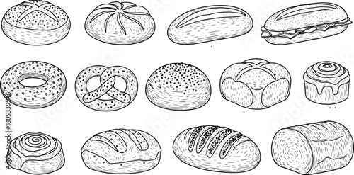A hand-drawn collection of various baked bread products, including loaves, rolls, pretzels, and cinnamon rolls.