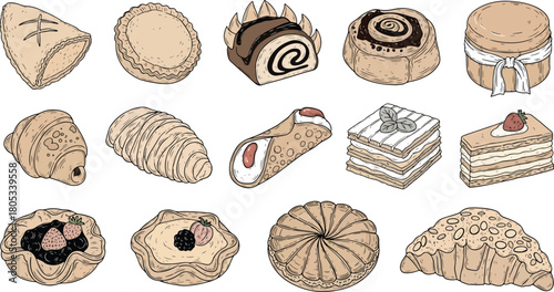 A delightful collection of hand-drawn pastries and sweet desserts, including pies, tarts, croissants, and cakes.
