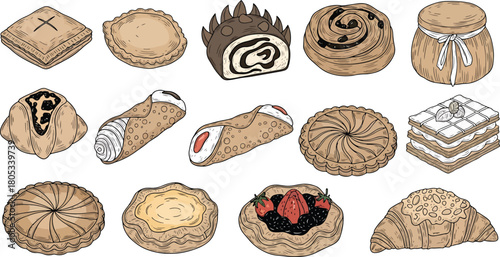 A charming collection of assorted baked goods and pastries, featuring pies, tarts, rolls, and sweet treats.