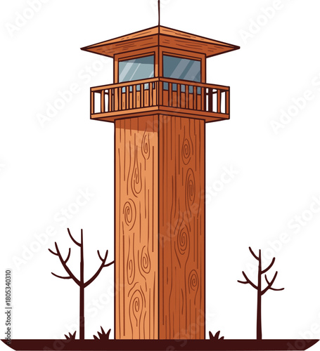 Wooden Watchtower with Balcony and Windows Surrounded by Bare Trees Vector Illustration 