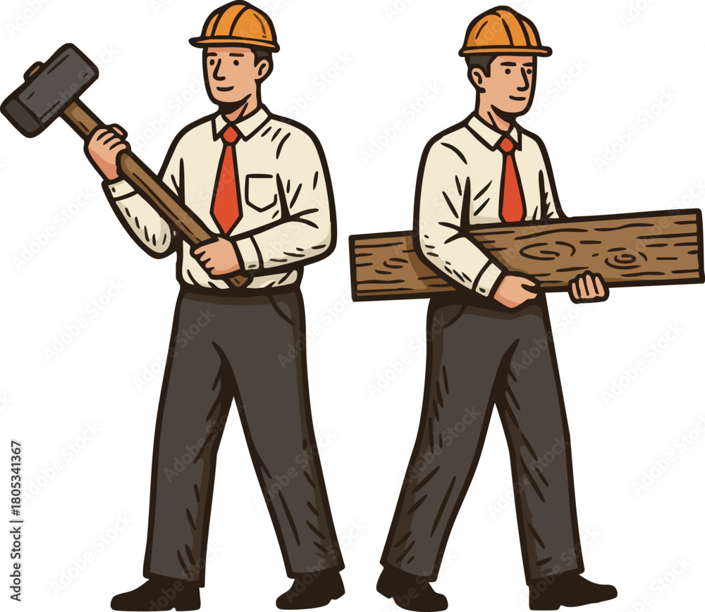 Obraz premium Construction workers holding sledgehammer and wooden plank in safety helmets and formal attire vector illustration 