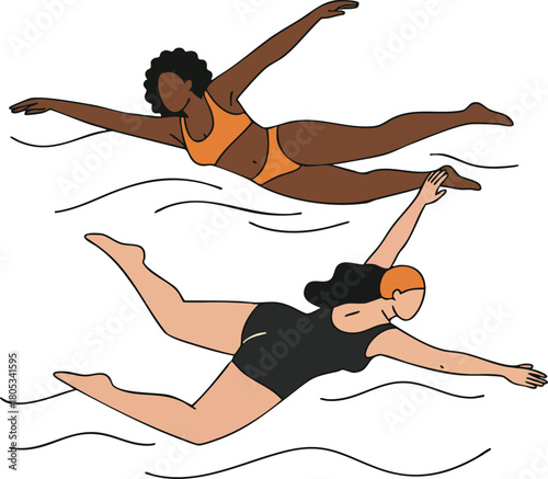 Two women swimming freestyle in water sports activity with dynamic motion and diverse athletes 