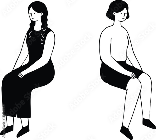 Two women sitting back to back in black and white minimalist vector illustration for social themes and relationships 