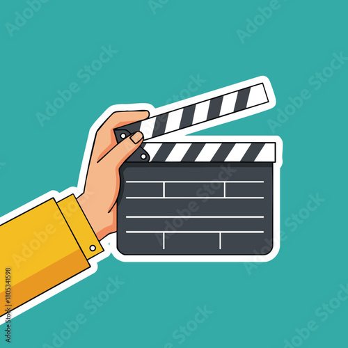 Hand Holding Movie Clapperboard Film Production Equipment Vector Illustration with Blue Background 