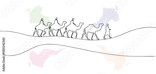 Camels Walking Desert Line Art