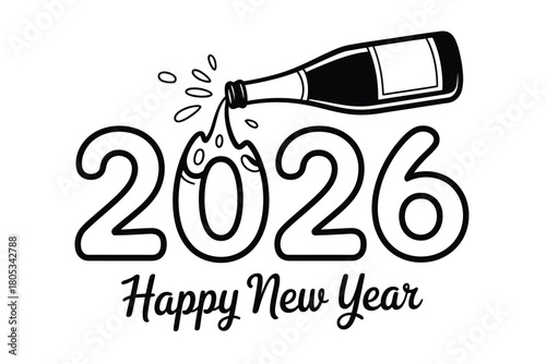 A bottle of champagne is pouring into the numbers 2026 to celebrate the New Year.