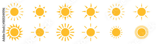 Yellow sun icons. Sunset icon collection. Yellow sun star icons. Yellow simple sun, hot summer weather symbol.