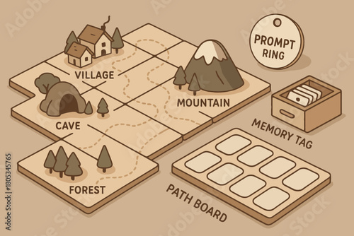 Illustrated adventure board game map with village, mountain, cave, and forest