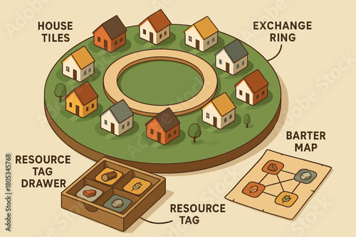 Circular village board game setup with exchange ring and barter map components