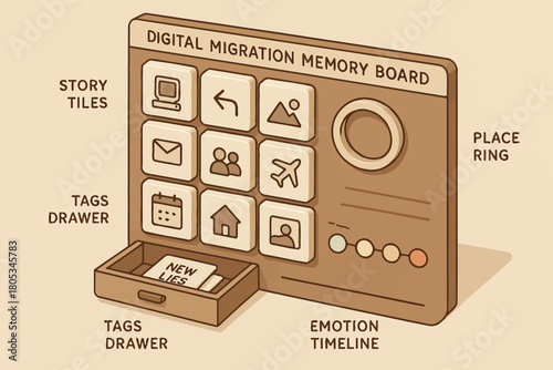 Digital migration memory board with tags drawer and emotion timeline