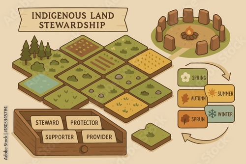 Indigenous land stewardship graphic illustrating seasonal land management and preservation