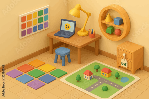 Colorful playroom with desk, laptop, and geometric shapes in a vibrant children's room
