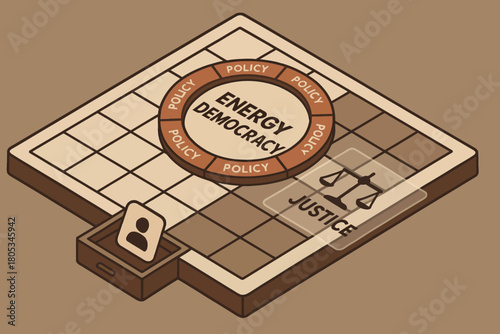 Conceptual illustration of energy democracy and policy justice in balancing scales