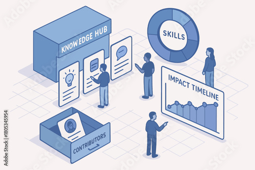 Team collaborating in knowledge hub with charts and skills analysis