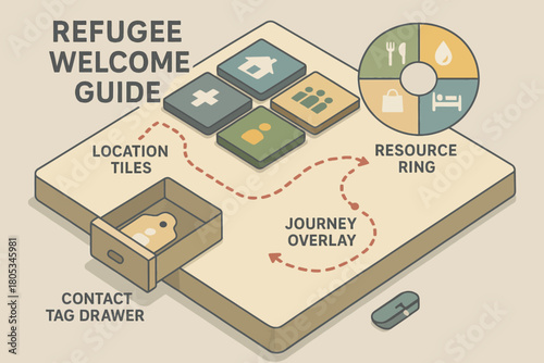 Refugee welcome guide diagram: journey, resources, contacts, locations