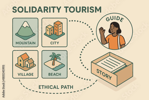 Solidarity tourism guide depicting mountain, city, village, beach, and ethical path