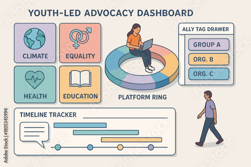 Youth advocacy dashboard with equality, health, education, climate focus