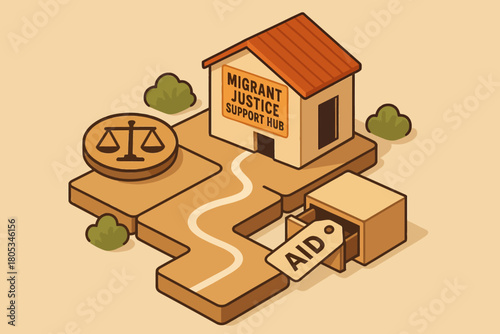 Migrant justice support hub with aid sign and balance symbol in isometric design