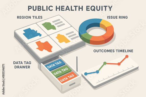 Public health equity diagram with data visualization elements
