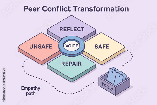 Peer conflict transformation diagram with empathy path and tools