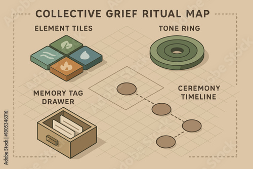 Collective grief ritual map: element tiles, tone ring, memory tag drawer, ceremony timeline