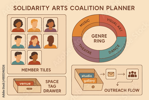 Solidarity arts coalition planner diagram with member tiles and genre ring