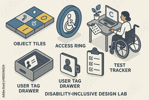 Disability-inclusive design lab tools with female wheelchair user illustrations