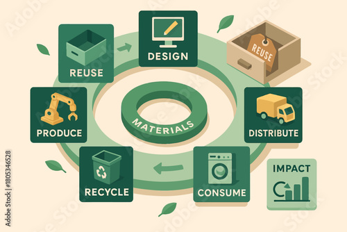 Circular economy process illustration with design, reuse, produce, distribute, consume, and recycle elements